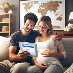 A happy couple at home, engaged in choosing a baby name on a tablet. The tablet displays the search page of Geo-Name.com